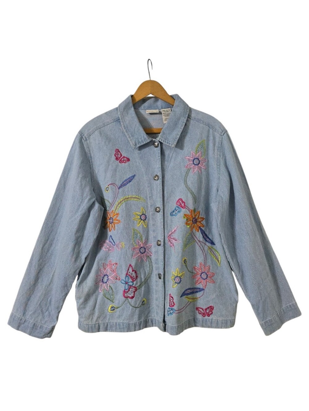 VTG White Stag Embroidered Floral Denim Jacket Sz L Y2K Butterfly Phoebe Buffay